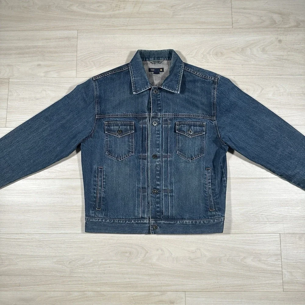 Vintage J.Crew Mens Denim Trucker Jacket Size Medium Dark Wash Hong‎ Kong Made
